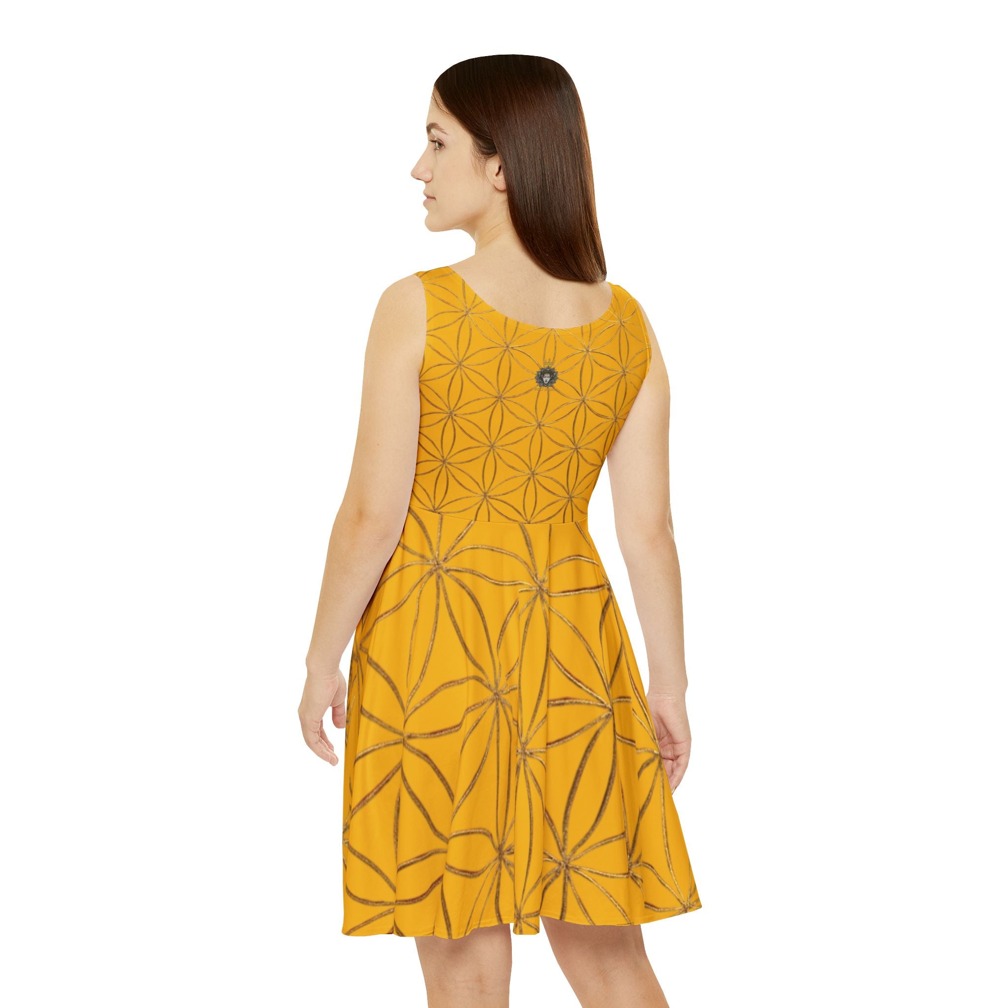 Yellow Flower of Life Skater Dress - Women's Floral Gold Print Summer Dress