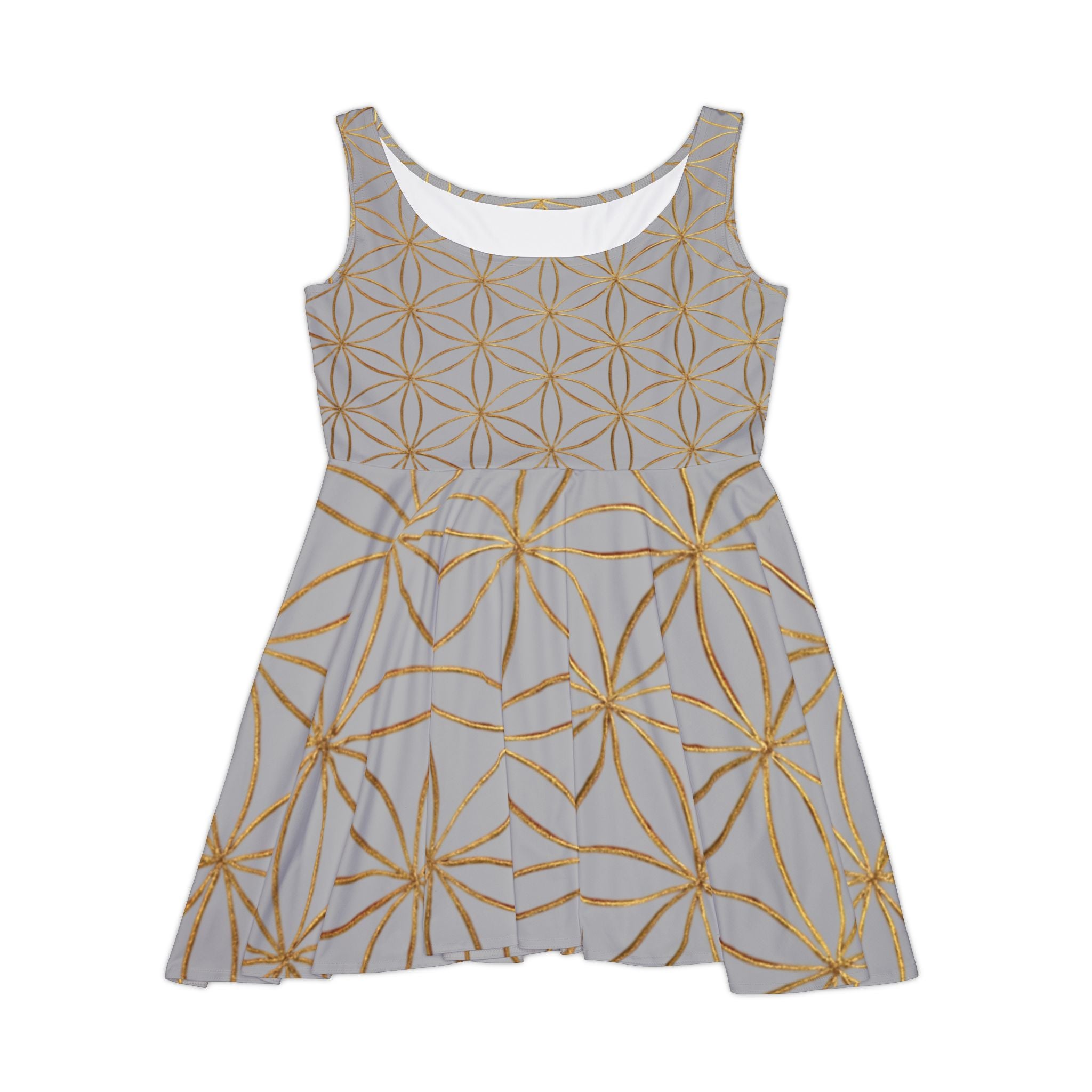 Light Grey Flower of Life Skater Dress - Women's Floral Gold Print Summer Dress