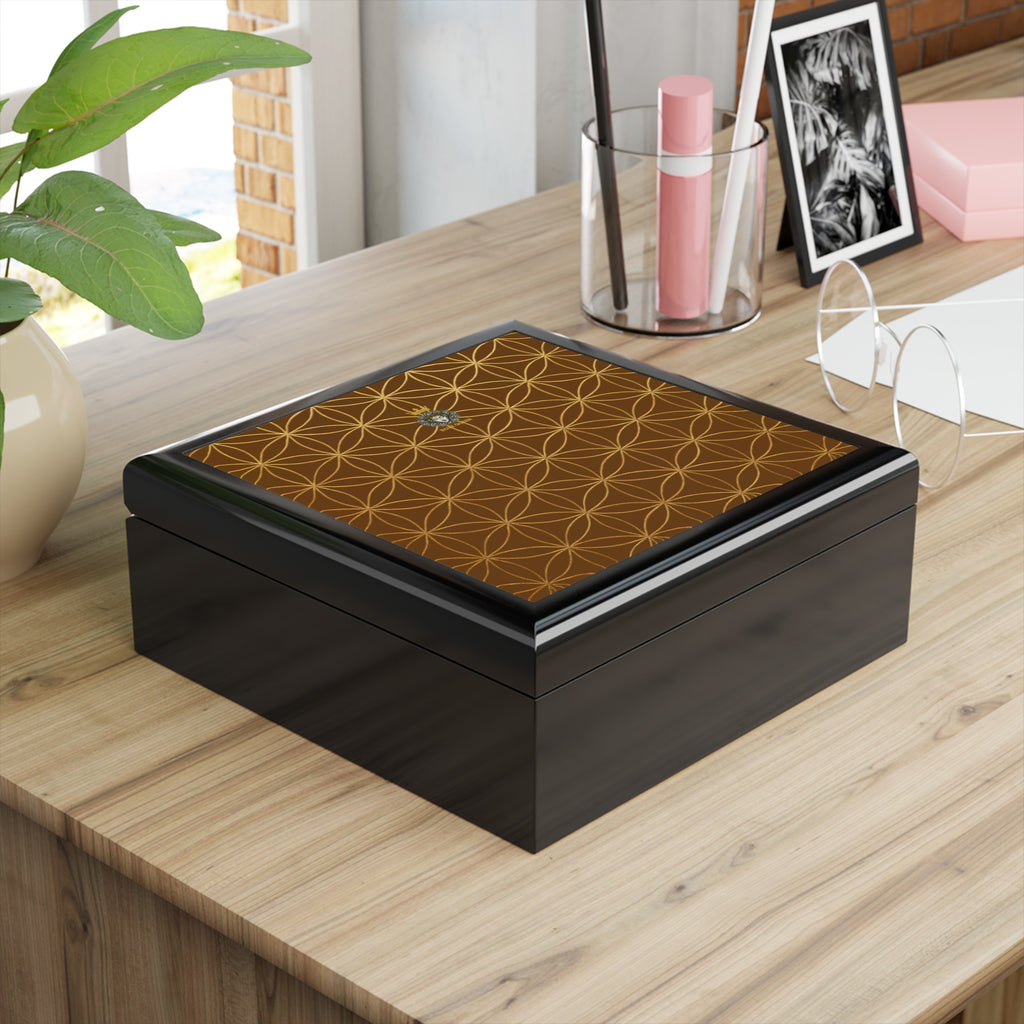 Flower of Life Jewelry Box - Brown & Gold Elegant Keepsake Organizer