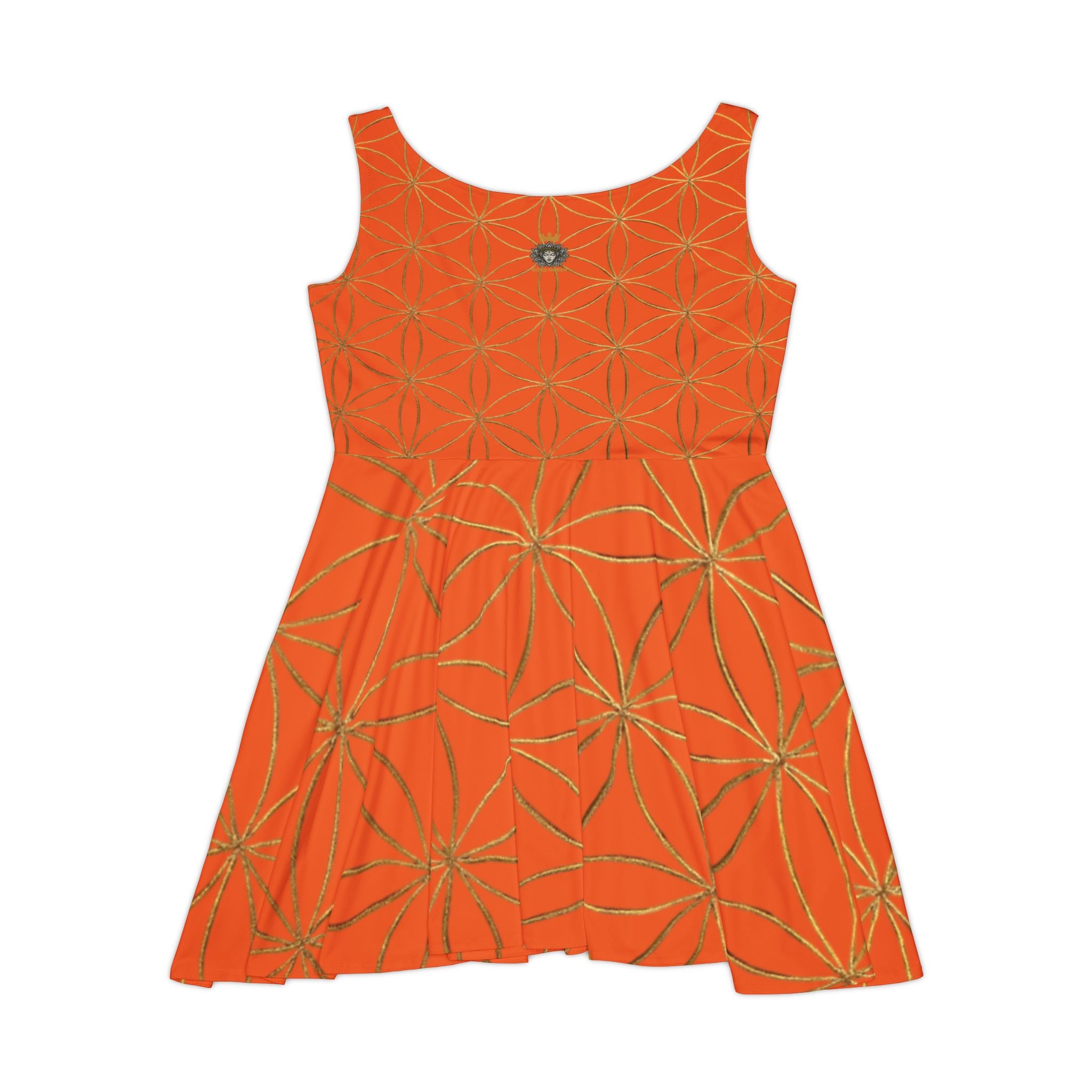 Orange Flower of Life Skater Dress - Women's Floral Gold Print Summer Dress