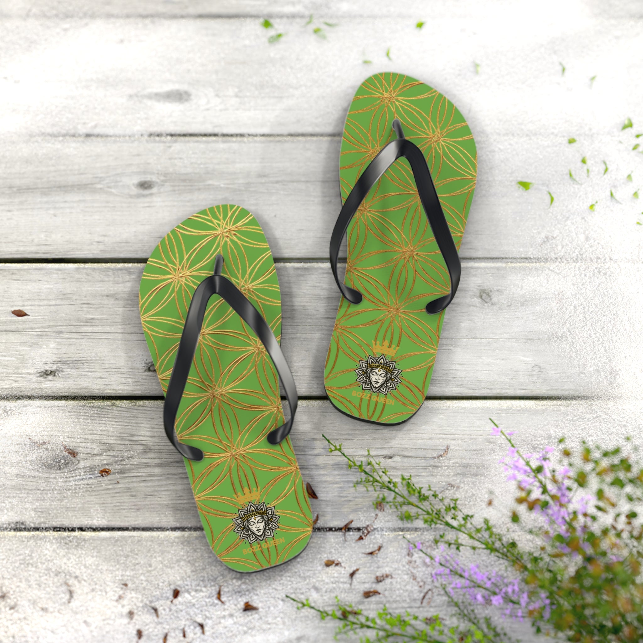 Bozz Queen Green & Gold Flower of Life Flip Flops - Elegant Beach Sandals