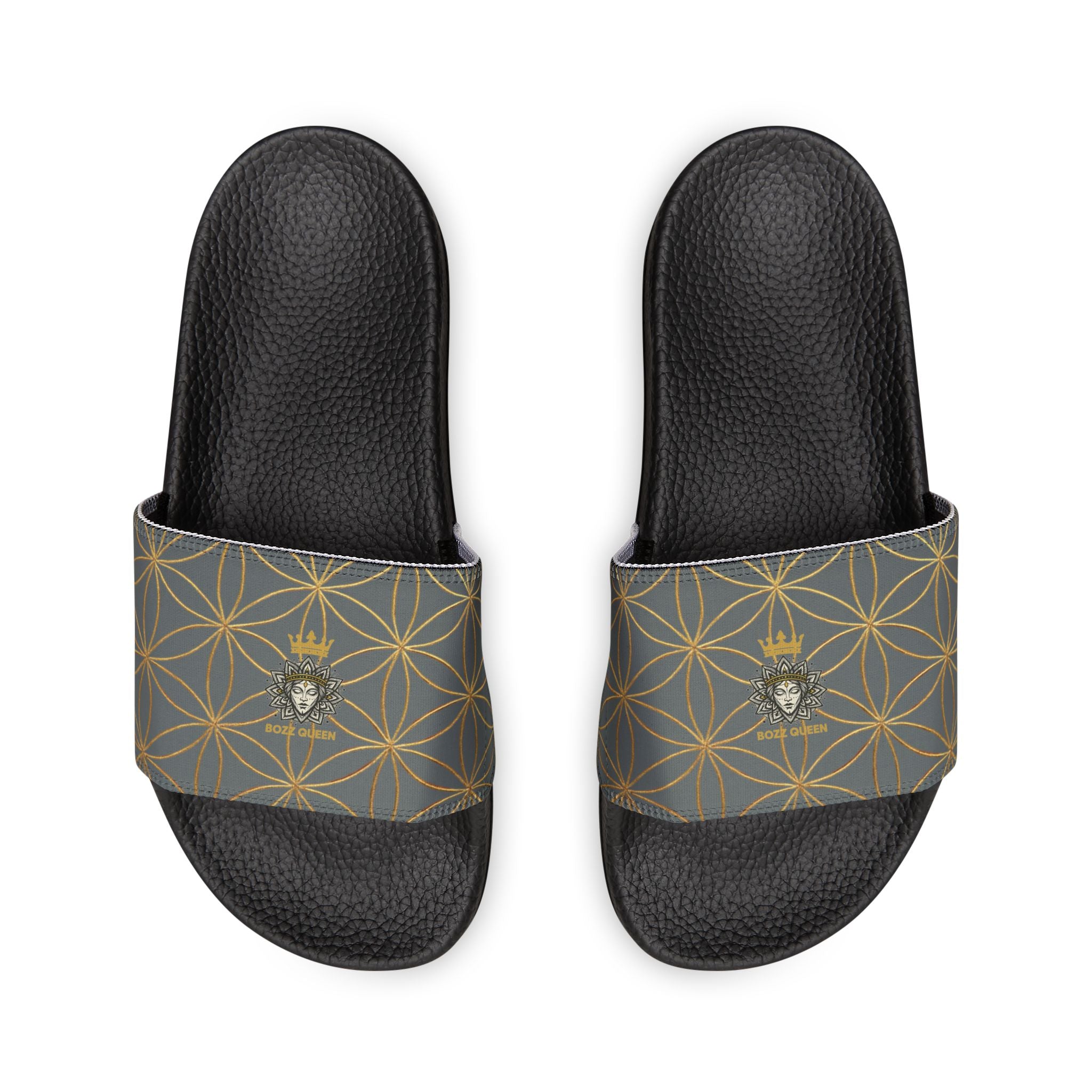 Bozz Queen Dark Grey Flower of Life Women's Sandals - Removable Strap Beach Slides