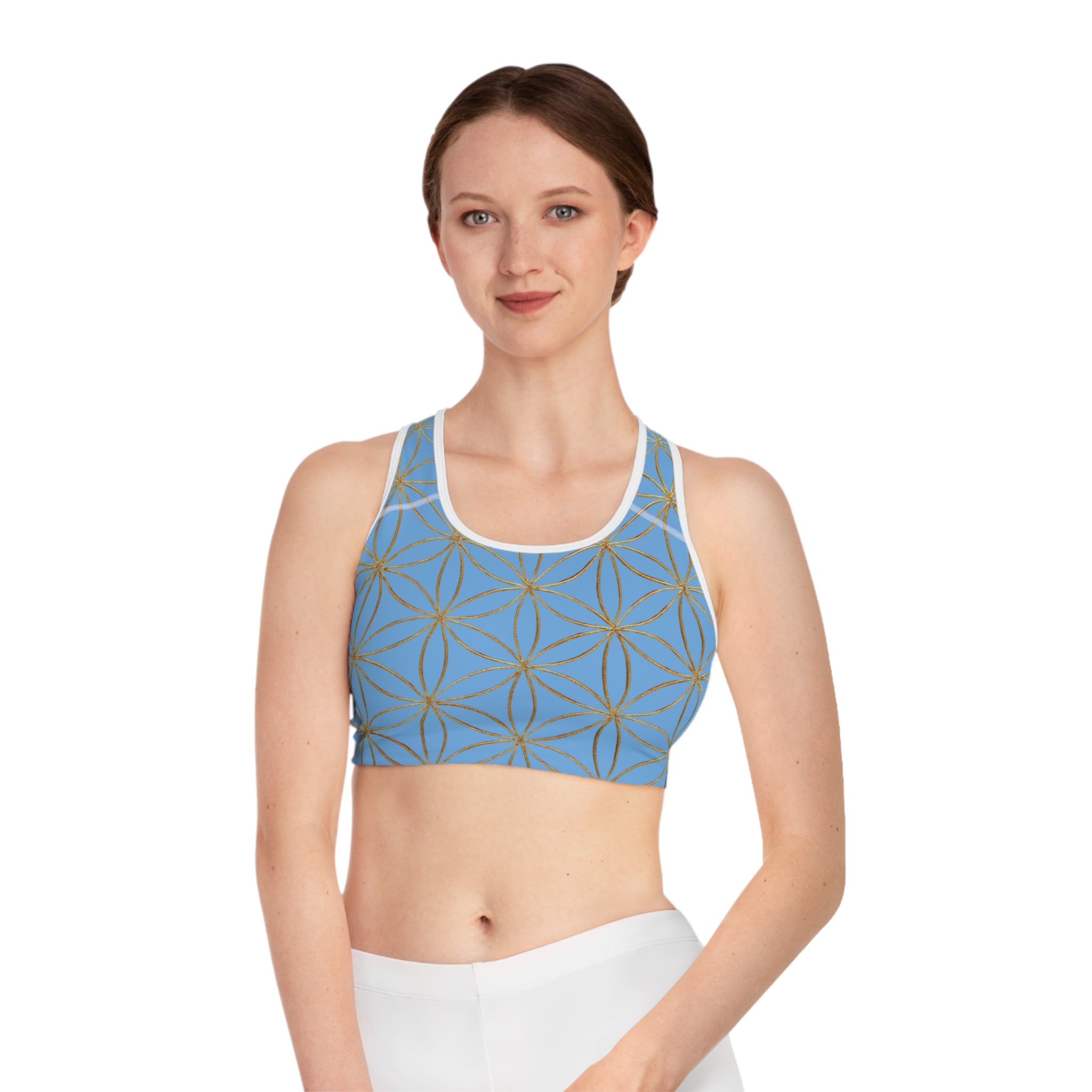 Bozz Queen Light Blue & Gold Flower of Life Sports Bra - Yoga Workout Top