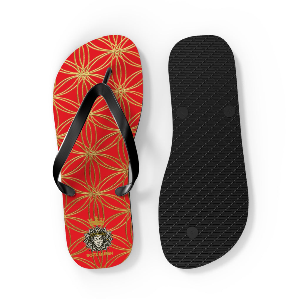 Bozz Queen Red & Gold Flower of Life Flip Flops - Elegant Beach Sandals