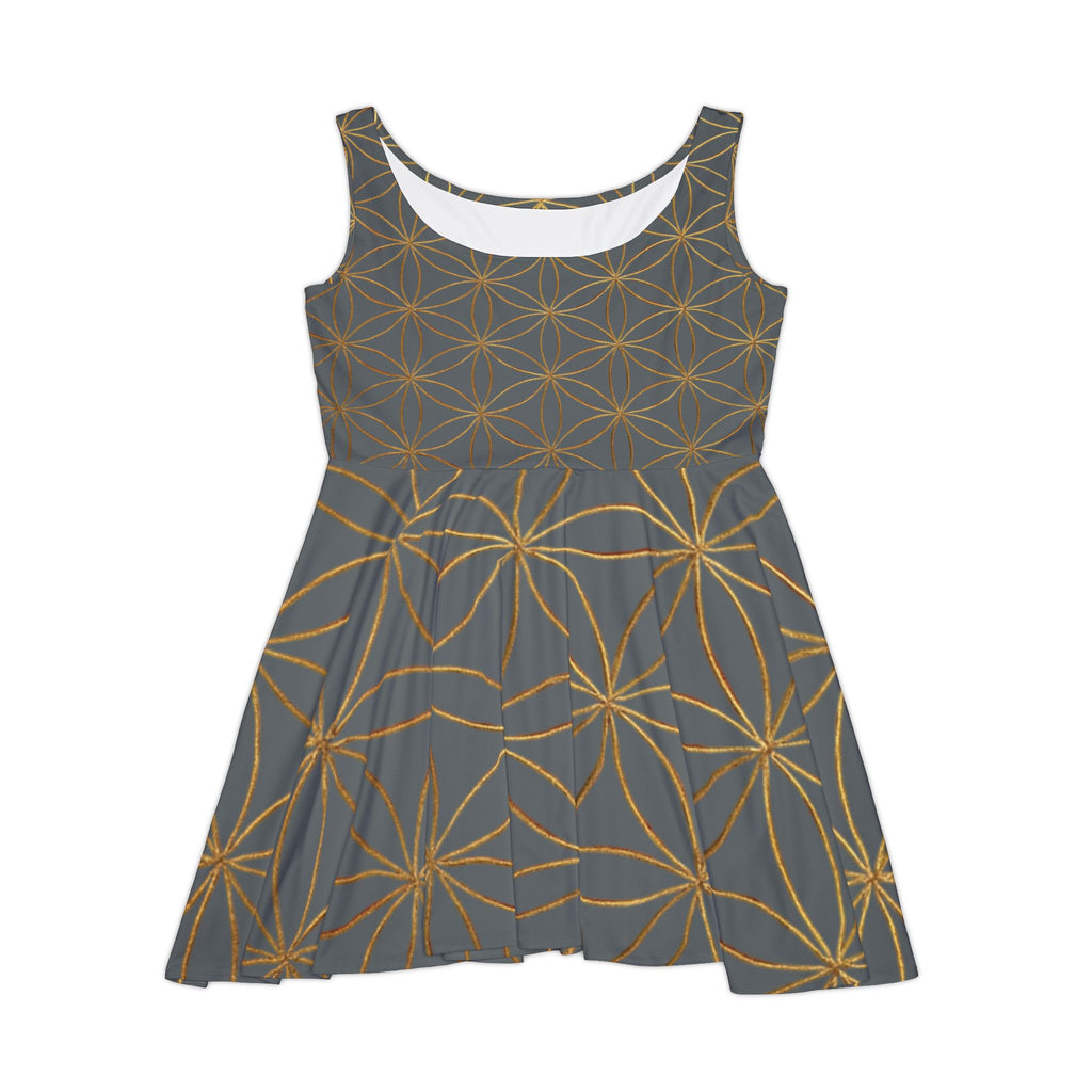 Dark Grey Flower of Life Skater Dress - Women's Floral Gold Print Summer Dress