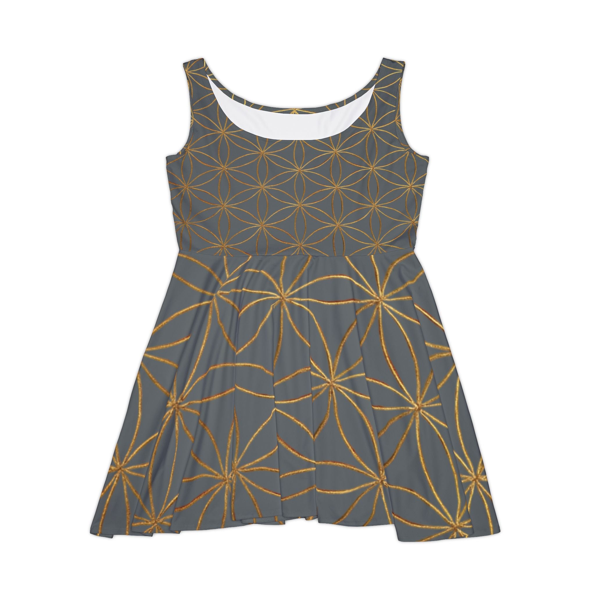 Dark Grey Flower of Life Skater Dress - Women's Floral Gold Print Summer Dress