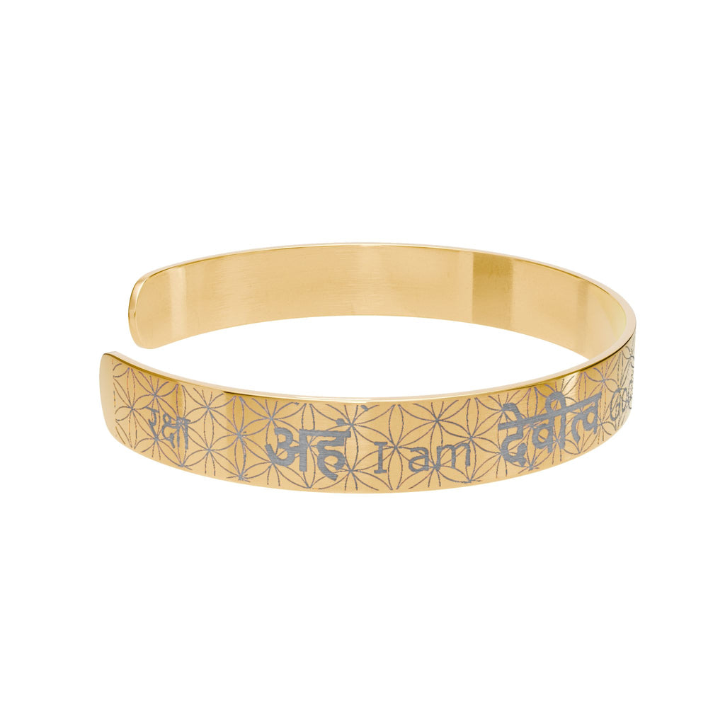 I am Goddess Engraved Cuff Bracelet - Sanskrit & English Personalized Jewelry