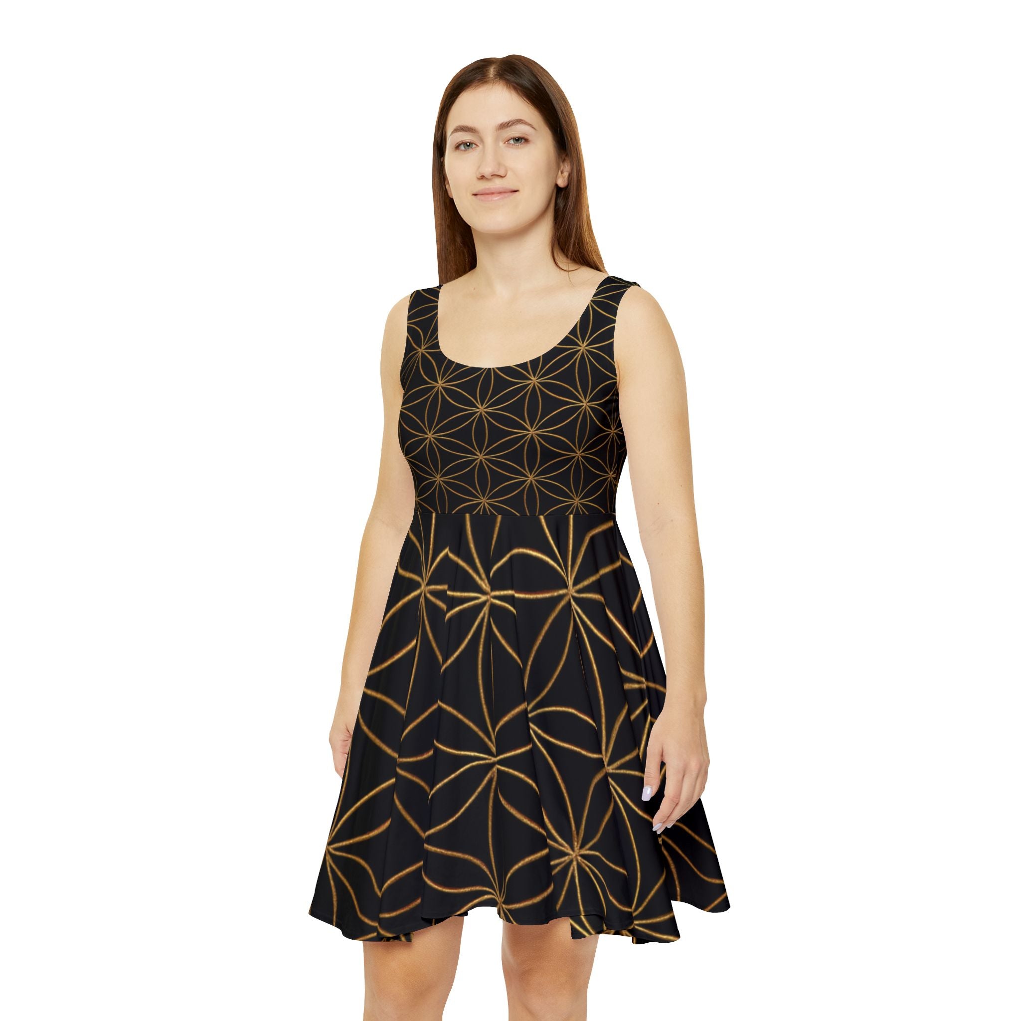 Black Flower of Life Skater Dress - Women's Floral Gold Print Summer Dress