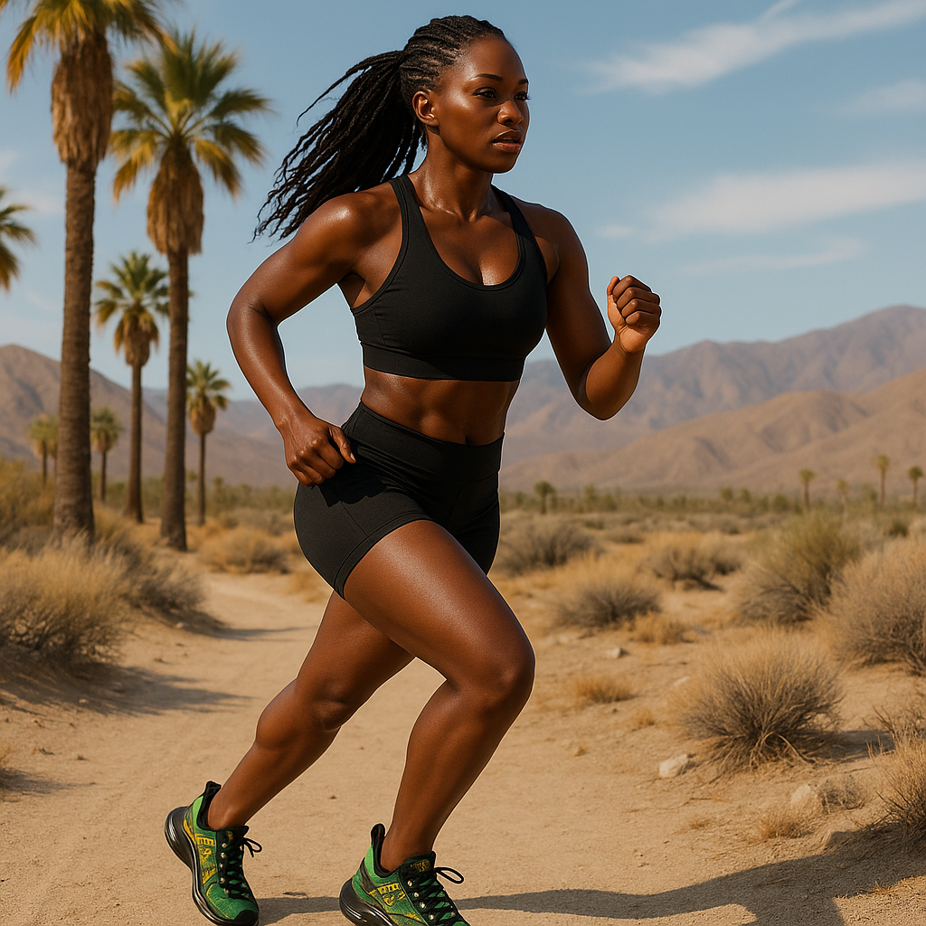 African woman wearing custom gym shoes on California desert trail