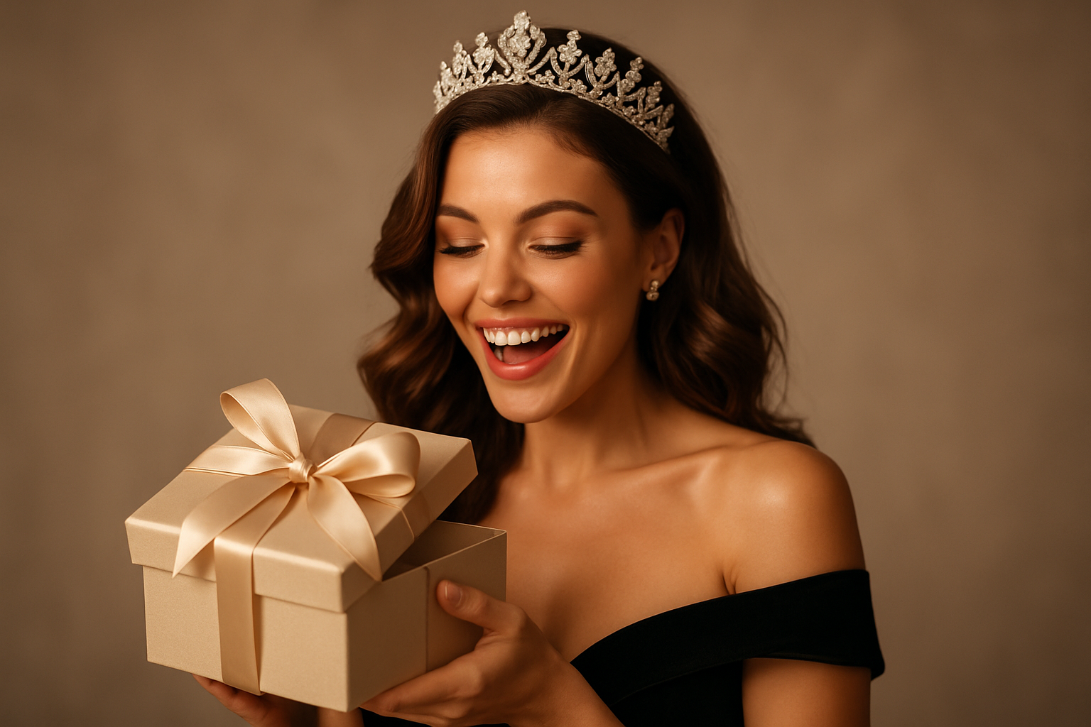 Beautiful woman receiving a gift while wearing a crown