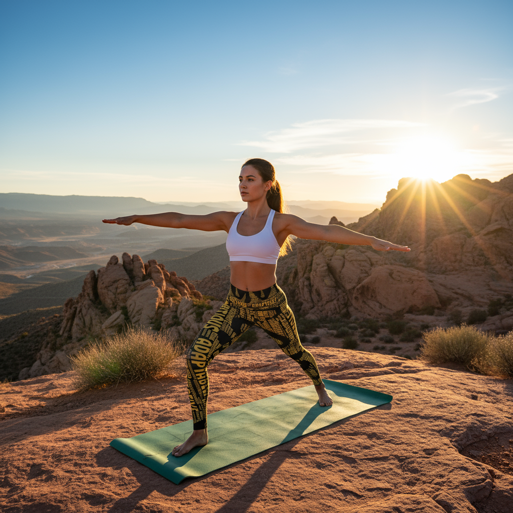 Full body model in black and gold I AM BOZZ QUEEN leggings doing yoga on desert mountaintop