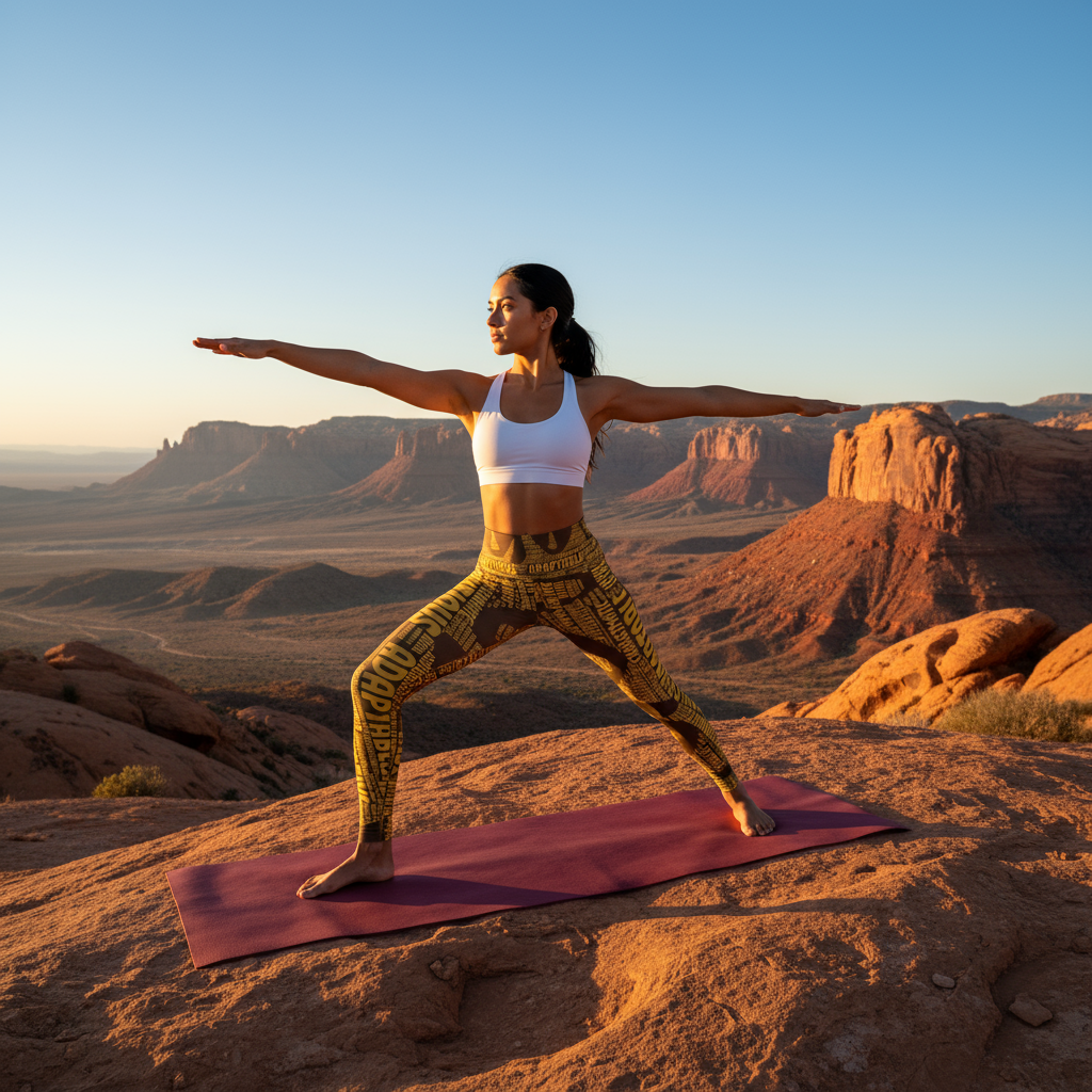 Full body model in brown and gold I AM BOZZ QUEEN leggings doing yoga on desert mountaintop