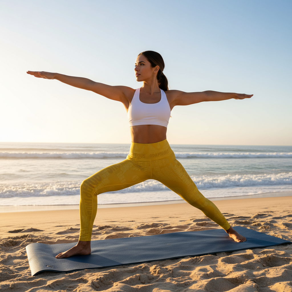 Full body model in gold yellow I AM BOZZ QUEEN leggings doing beach yoga