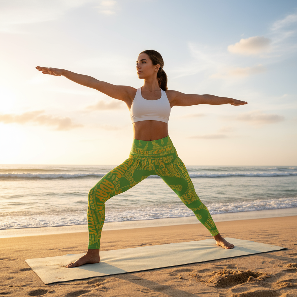 Full body model in green and gold I AM BOZZ QUEEN leggings doing beach yoga