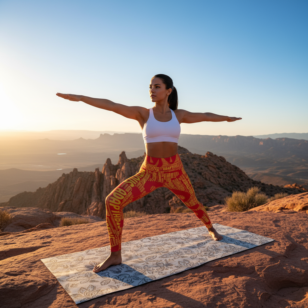 Full body model in red and gold I AM BOZZ QUEEN leggings doing yoga on desert mountaintop