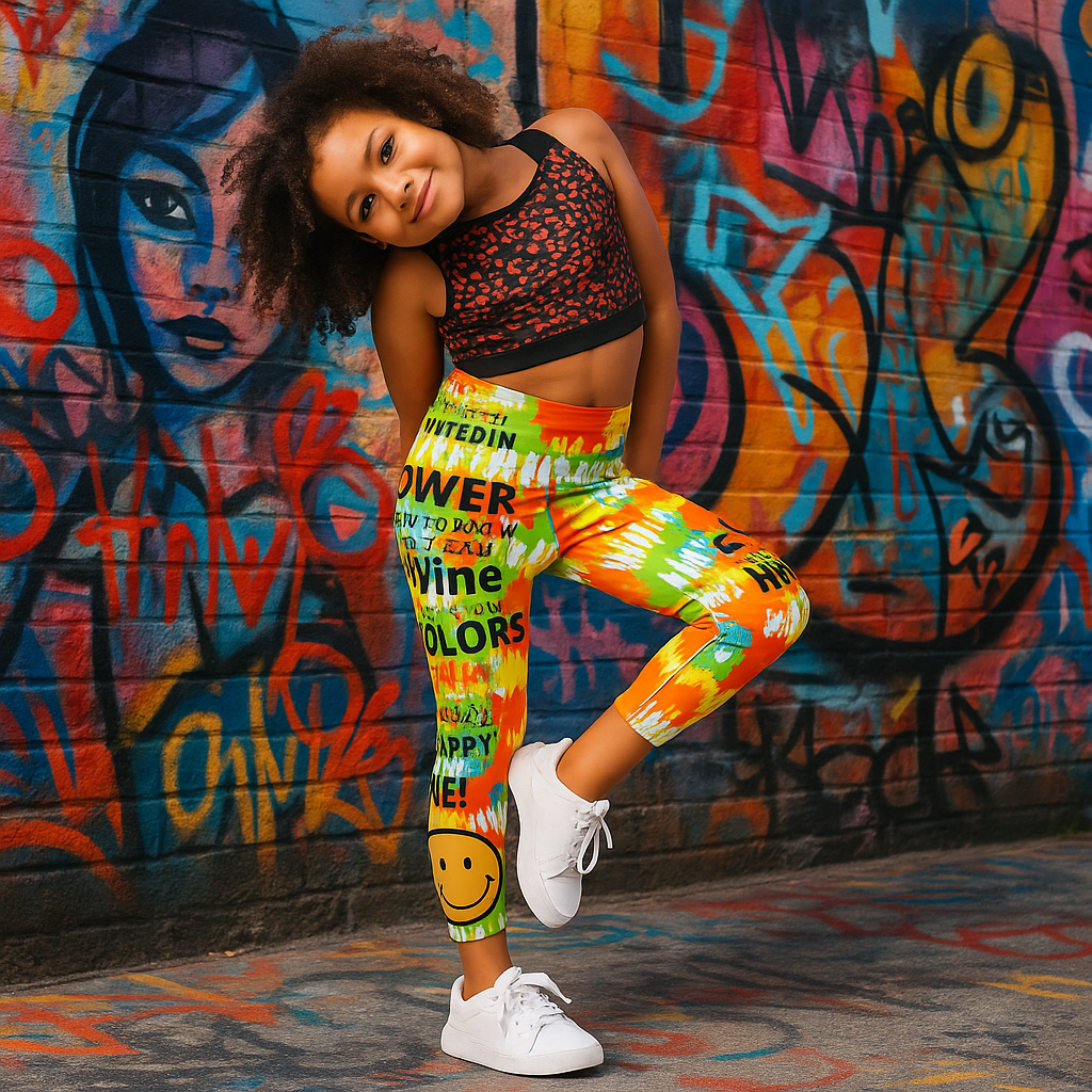 Girl with leopard print top and colorful leggings on urban street art background