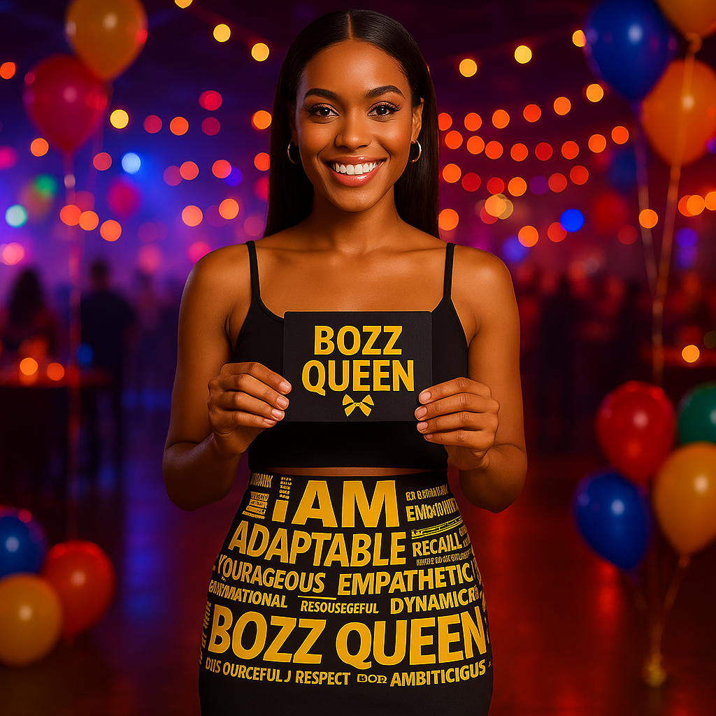 Model holding Bozz Queen gift card at party