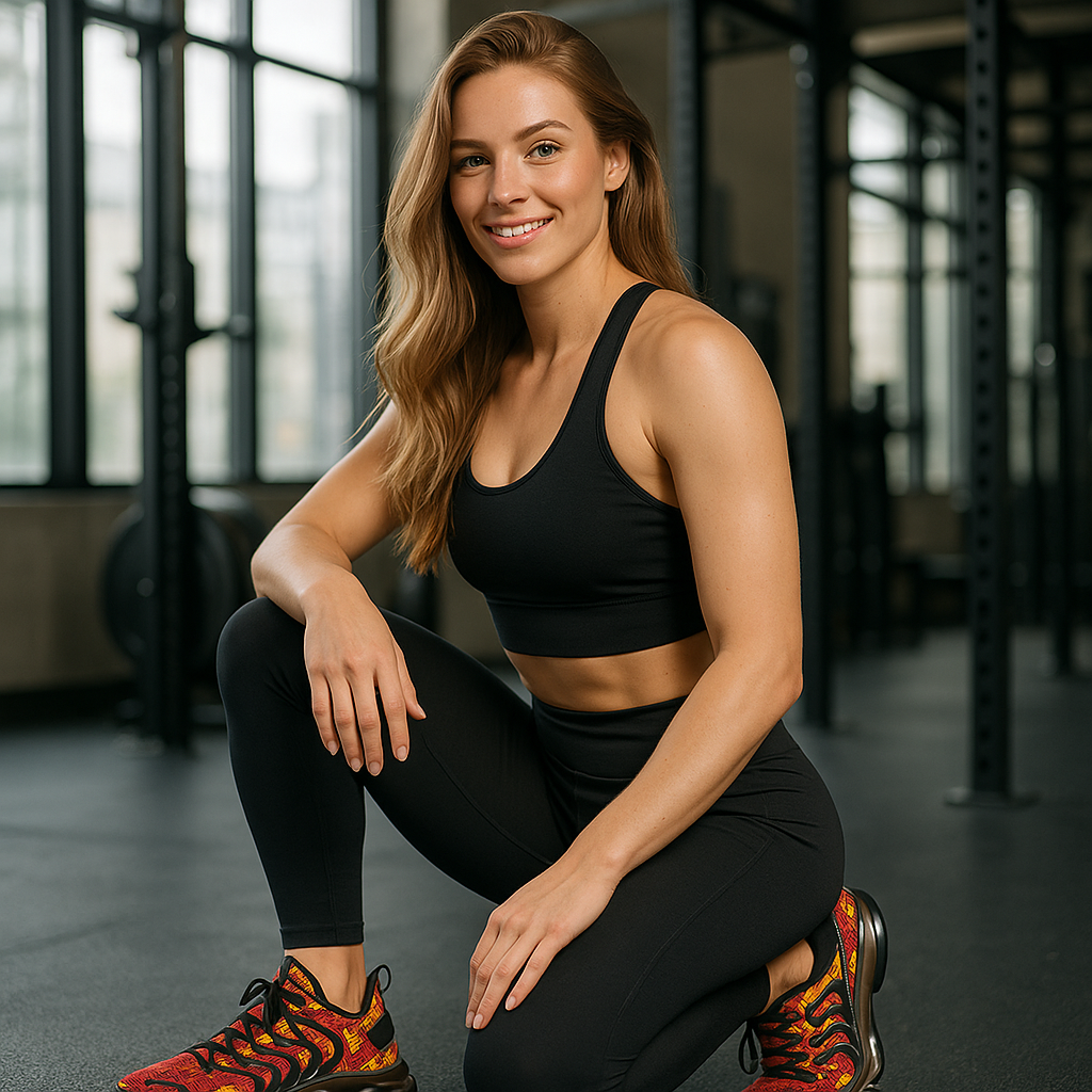 Nordic fitness model wearing custom gym shoes